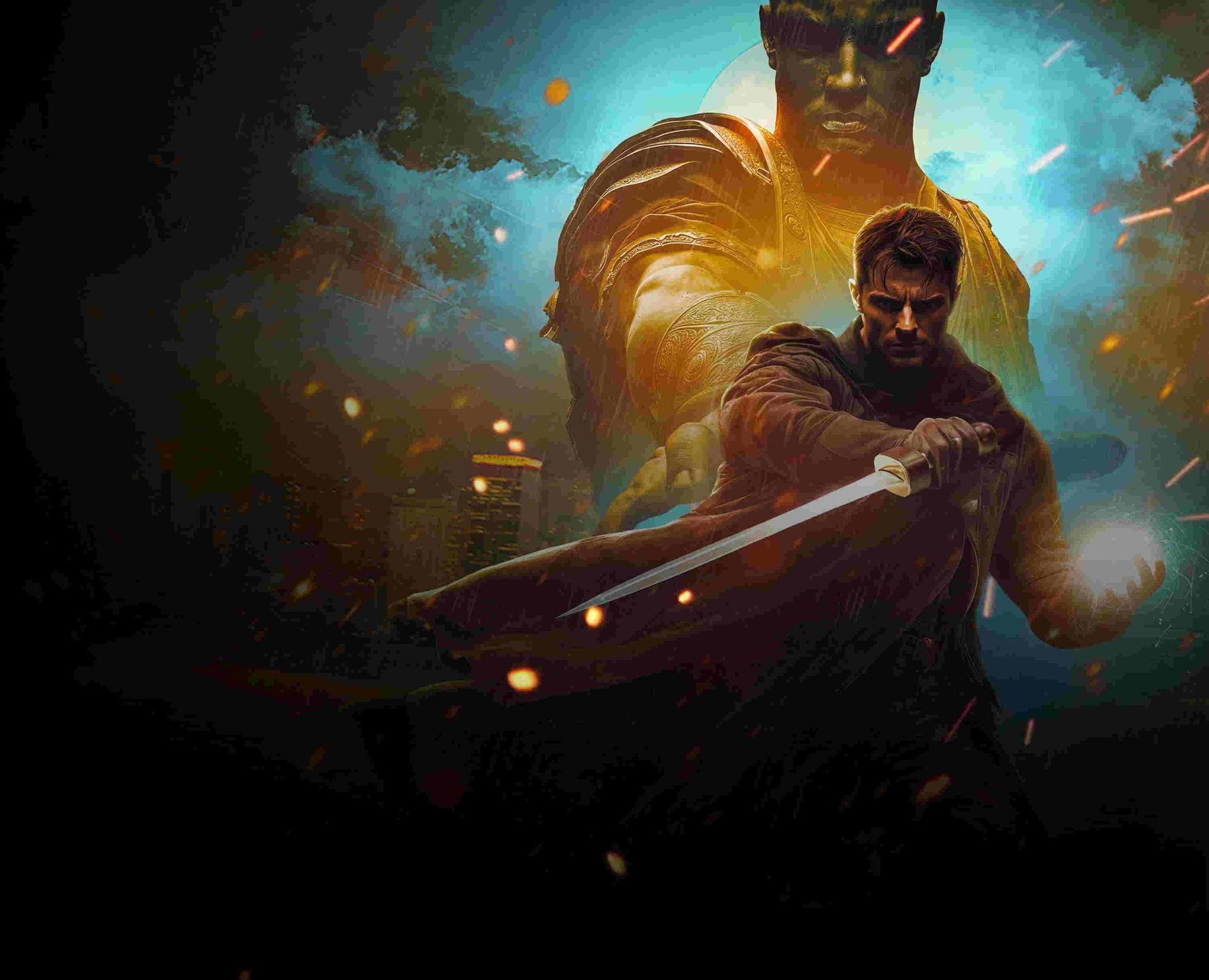 Bearded man wielding a glowing sword with a golden statue looming behind him in a mystical fantasy scene