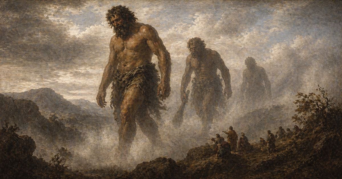 Three giant humanoid figures walking through misty mountains while villagers watch from below in this fantasy painting