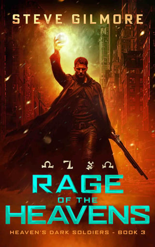 Book cover for Rage of the Heavens by Steve Gilmore featuring a man in a cape with glowing fist raised against a burning cityscape
