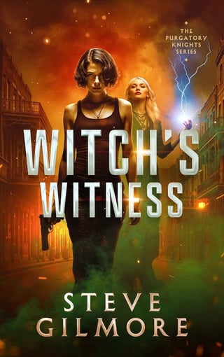 Book cover for Witchs Witness by Steve Gilmore showing two women on a fiery urban street with magical effects and lightning