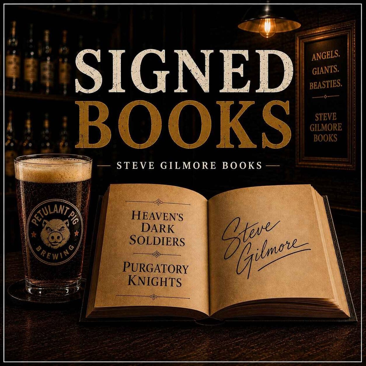 Signed books display for Steve Gilmore Books featuring an open book with author signature, beer glass, and bottles on dark background