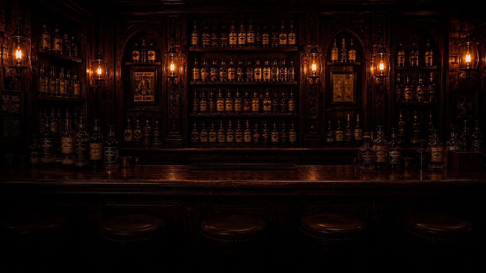 Dark atmospheric bar interior with illuminated bottles on shelves and warm ambient lighting