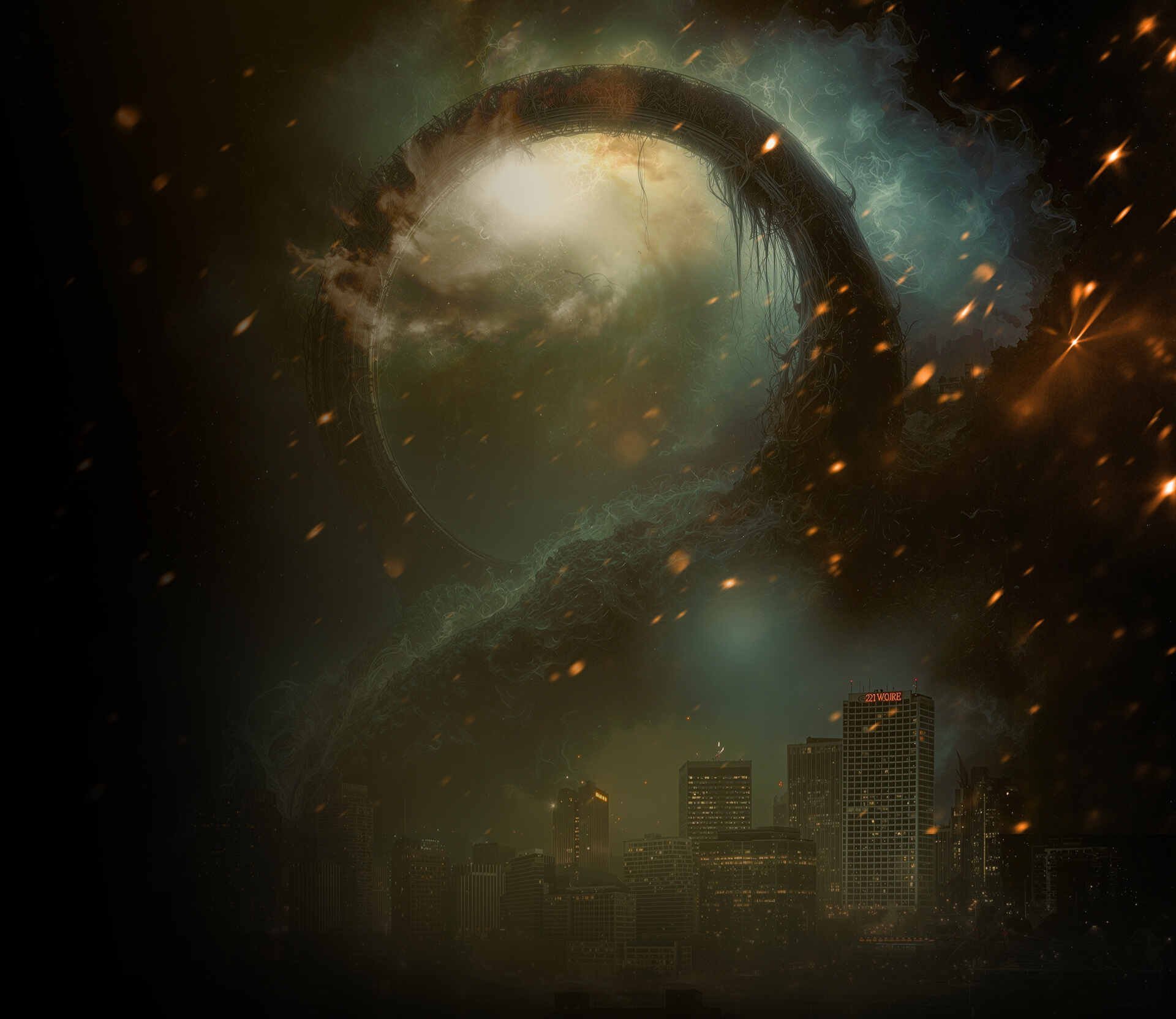 Giant spiral portal swirling over a city skyline with glowing embers and dramatic atmospheric lighting