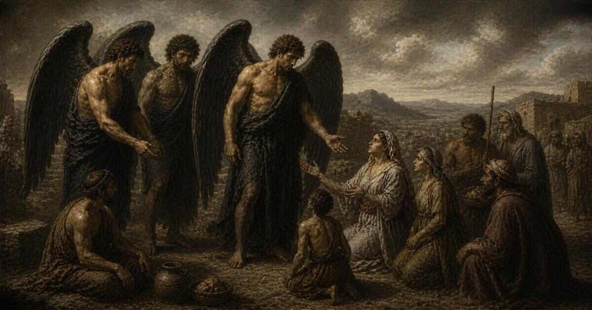 Dark religious painting depicting angels with dark wings gathered around kneeling figures in a medieval landscape
