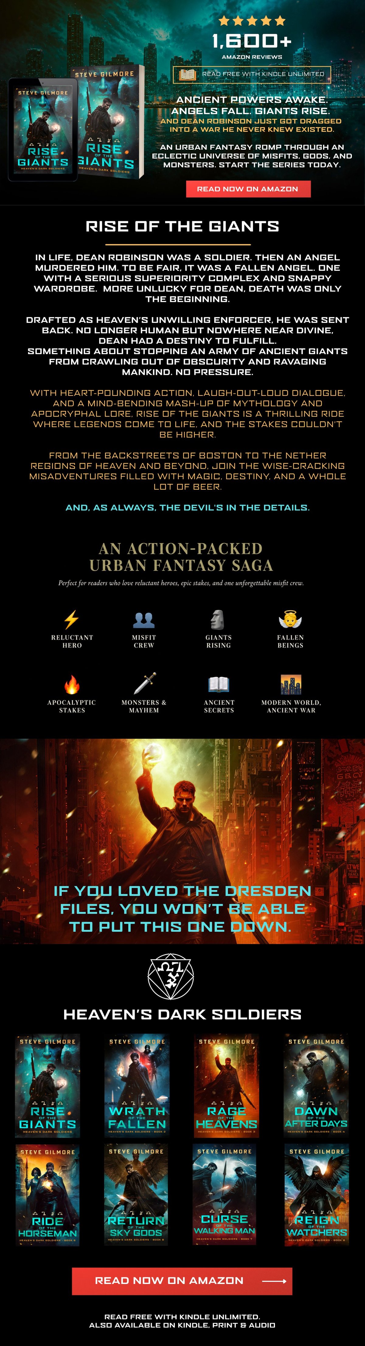 Promotional book poster for Rise of the Giants by Steve Gilmore, featuring 5-star Amazon reviews, book cover images, and details about an urban fantasy novel with angels and giants. Read now on Amazon button included.