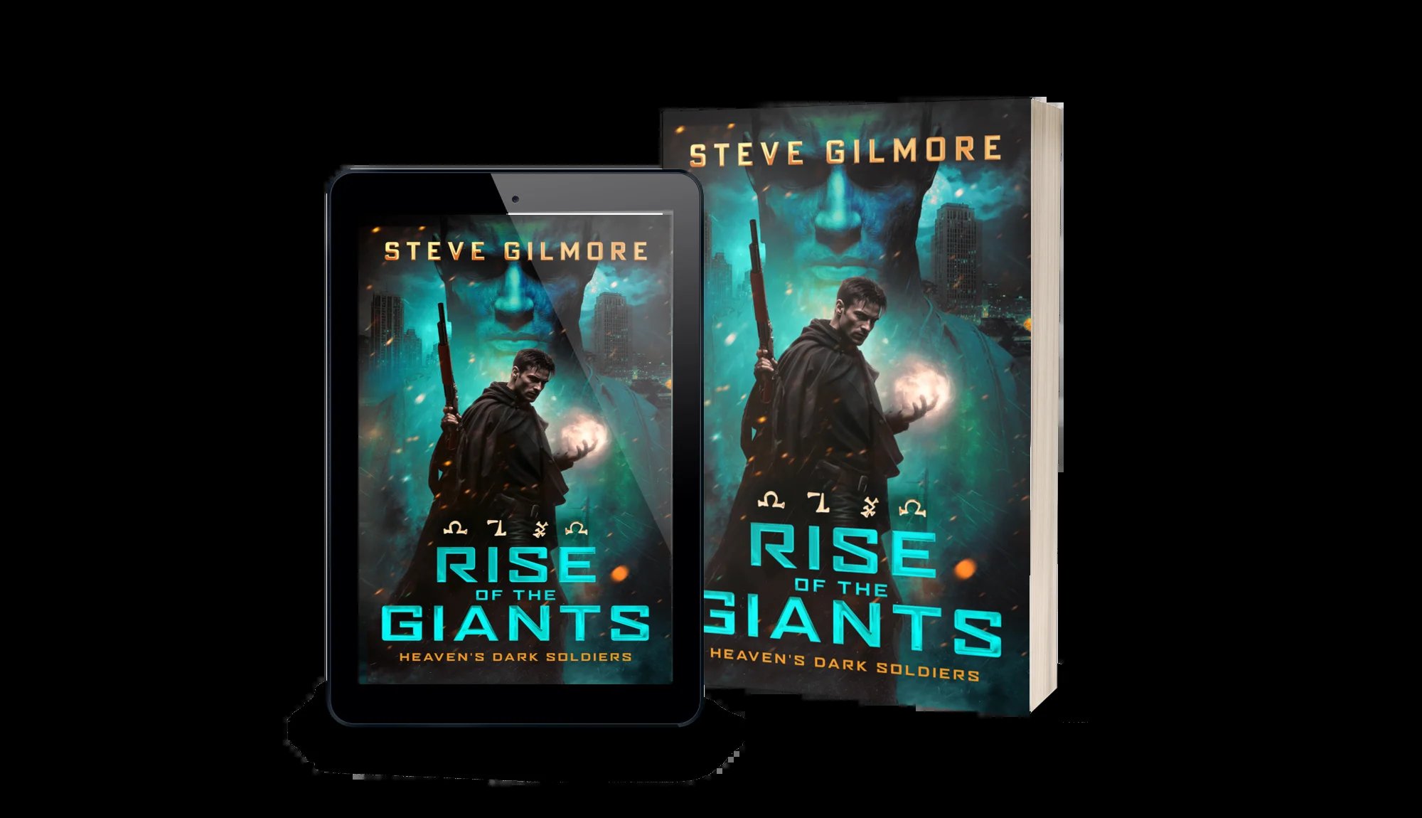 Book covers for A.I. Rise of the Giants by Steve Gilmore displayed on tablet and paperback formats