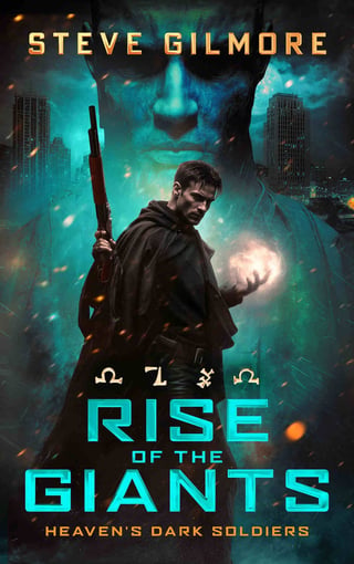 Rise of the Giants book cover by Steve Gilmore featuring a man with a rifle against a cityscape with glowing blue and orange effects