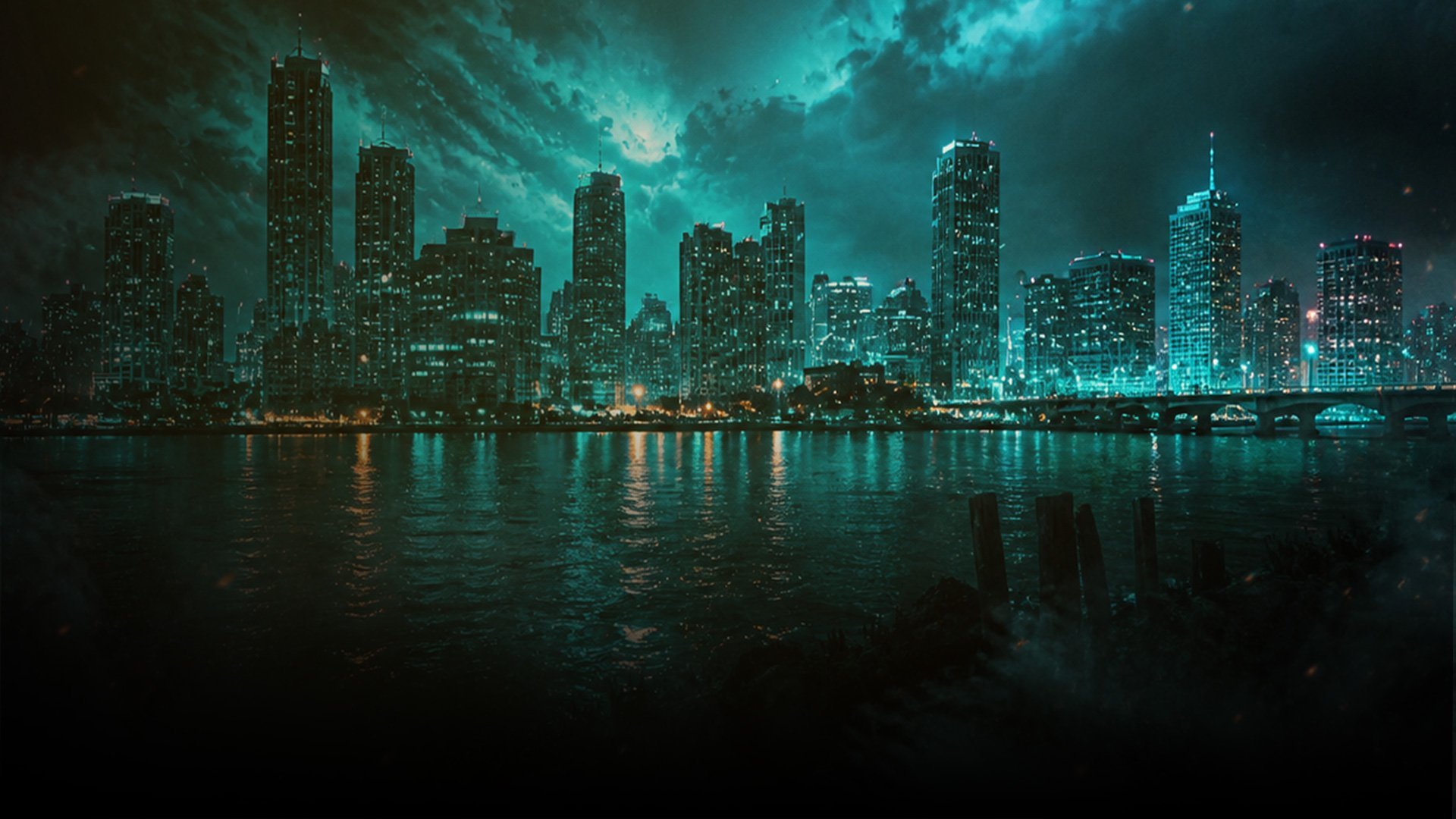 Night cityscape with illuminated skyscrapers reflected in dark water under stormy turquoise sky