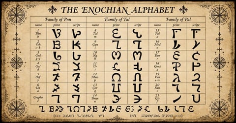 The Enochian Alphabet chart showing mystical symbols