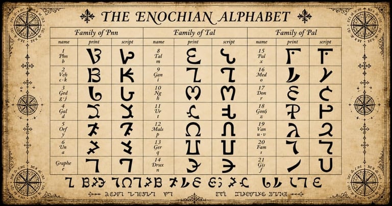 The Enochian Alphabet chart showing mystical symbols