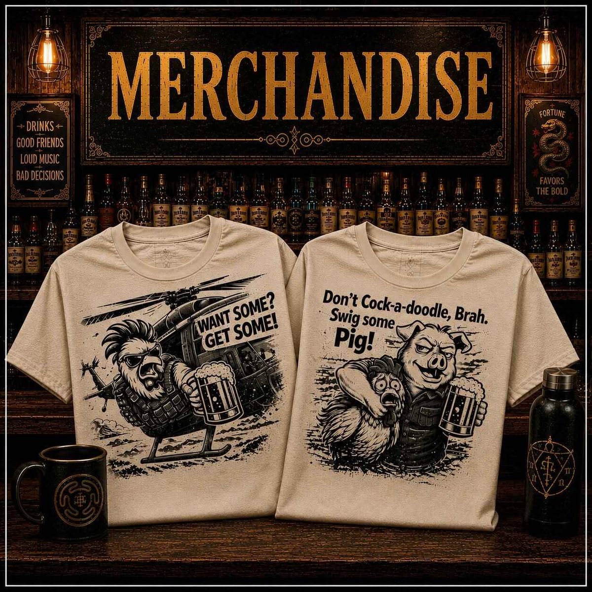Two tan t-shirts with black graphic designs displayed on a wooden table against a dark merchandise backdrop with bottles and lanterns