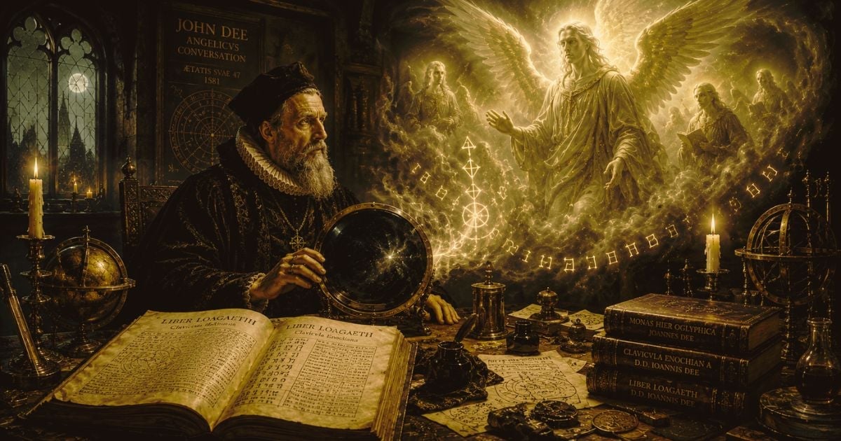 A scholar in robes sits by candlelight studying an open book, with glowing ethereal angels appearing above in mystical light