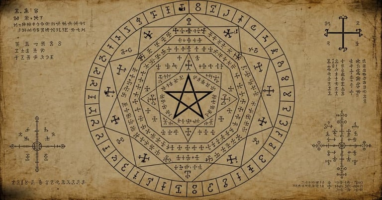 Vintage occult diagram featuring concentric circles with a pentagram center, mystical symbols, and ancient script on aged parchment