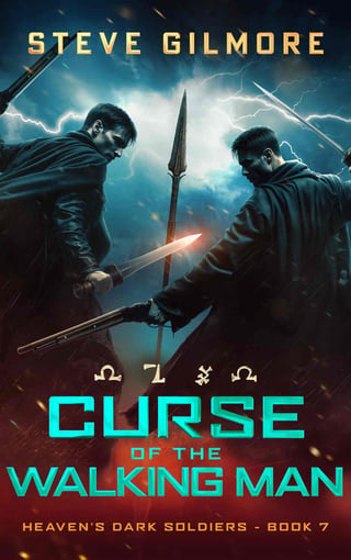 Book cover for Curse of the Walking Man by Steve Gilmore featuring two armed figures facing off against a stormy backdrop with lightning