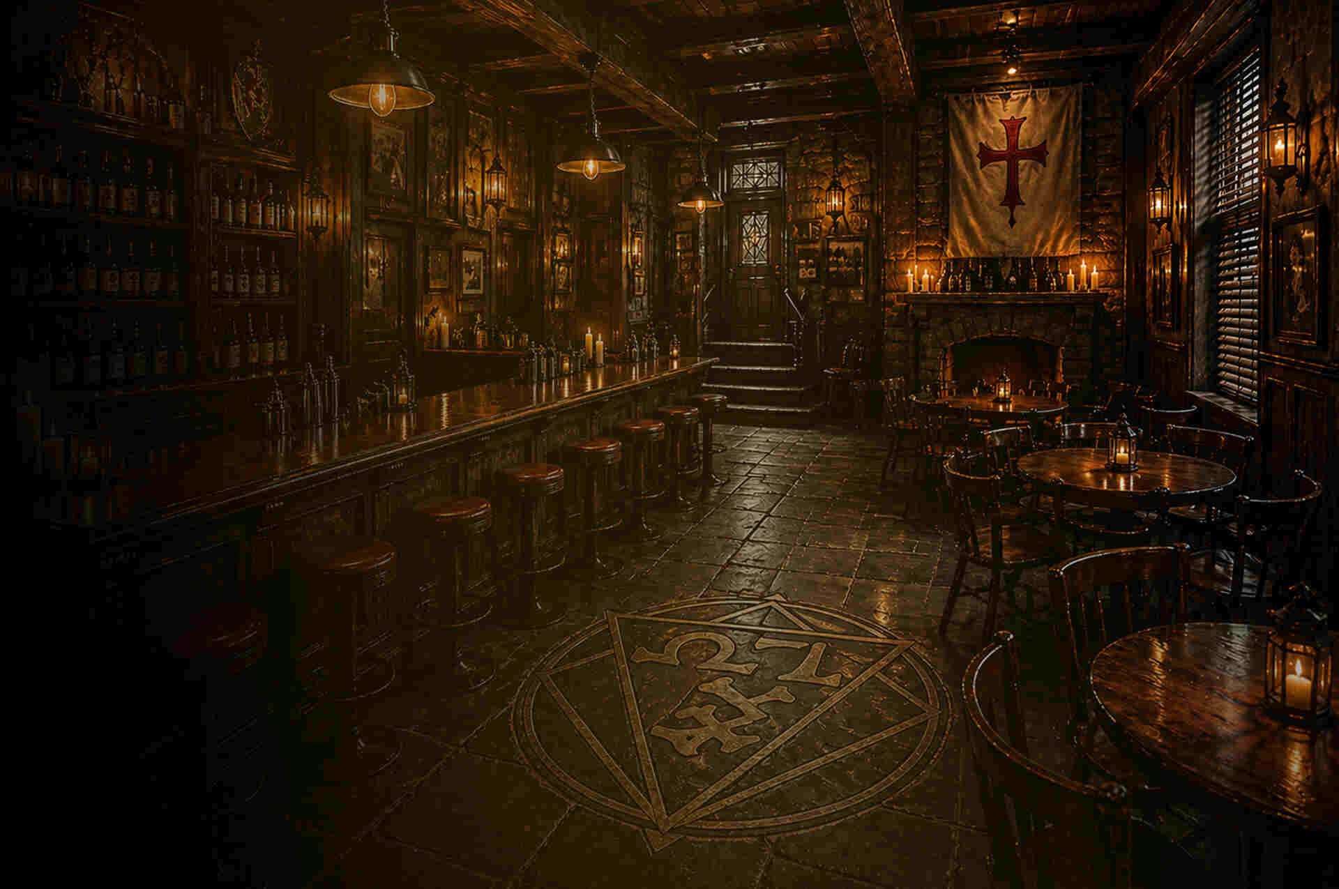 Dark Gothic library interior with ornate shelving, pendant lamps, a fireplace with crucifix, and occult floor symbol