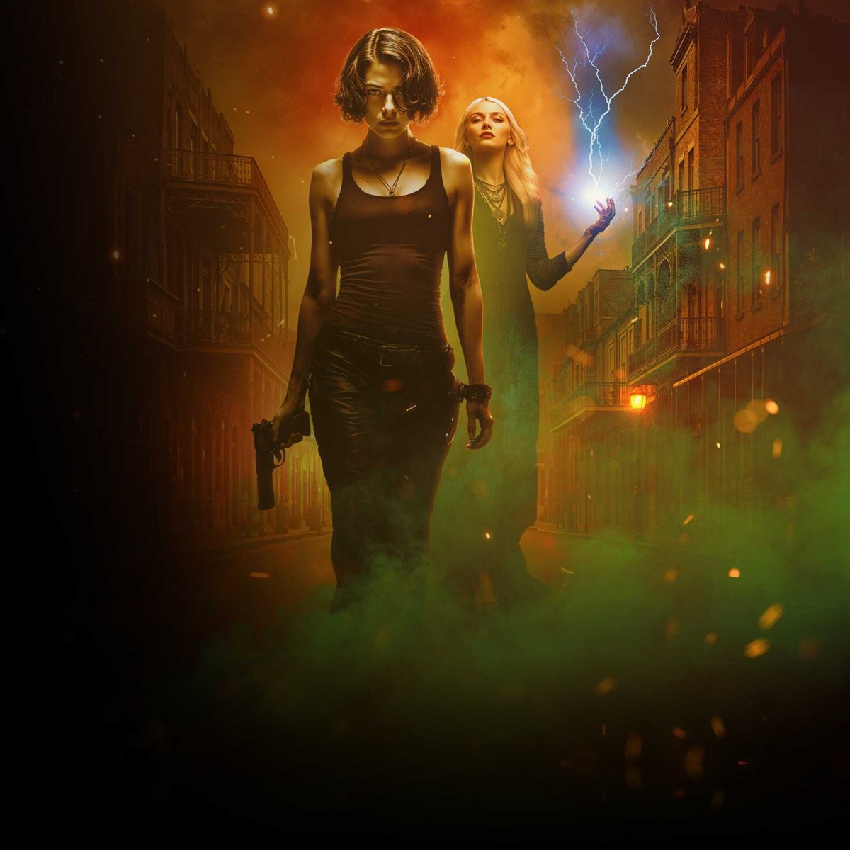 Two women walking through neon-lit urban street at night with magical glowing energy and lightning effects