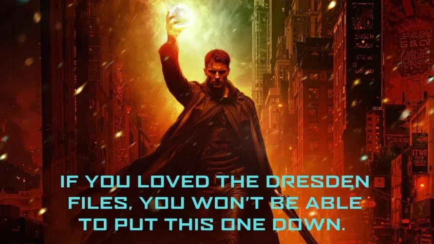 Man in dark coat with fist raised against orange glowing cityscape with text about Dresden Files books