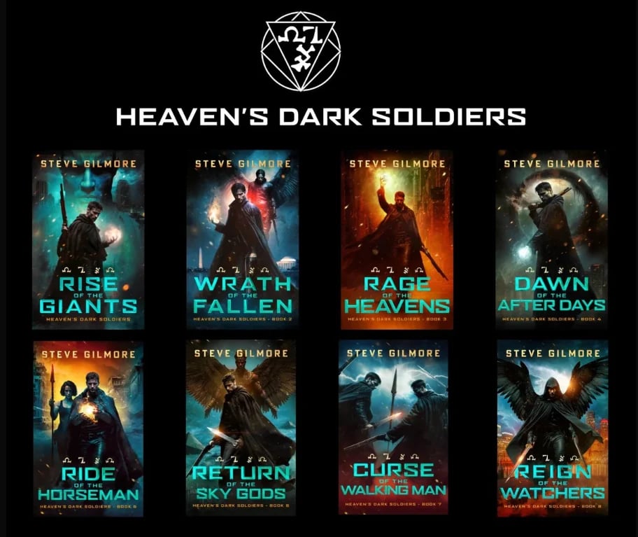Collection of eight book covers from Steve Gilmores Heavens Dark Soldiers series displayed in a 2x4 grid on black background