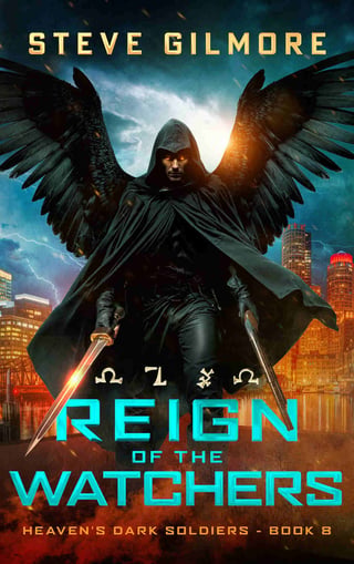Reign of the Watchers book cover featuring a winged dark figure with swords against a city skyline backdrop