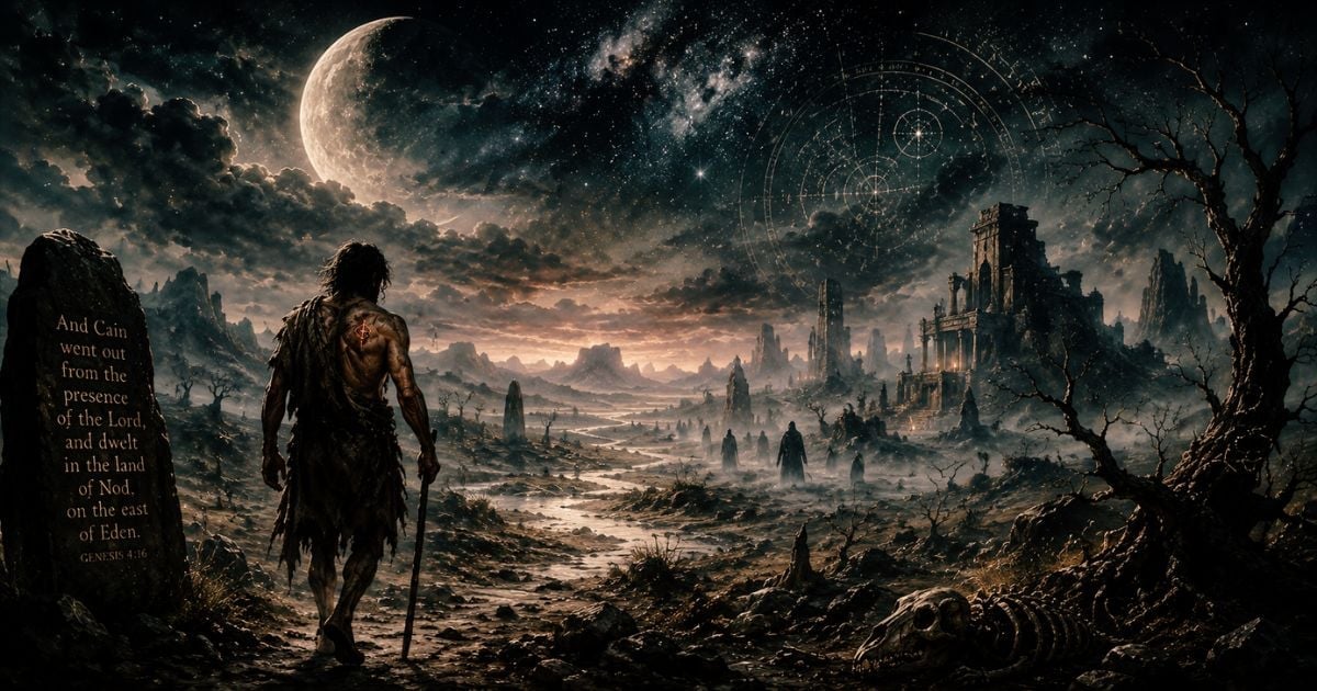 A lone armored warrior stands on a barren landscape under a crescent moon, gazing toward distant fantasy castles and spires in a dark, atmospheric realm.